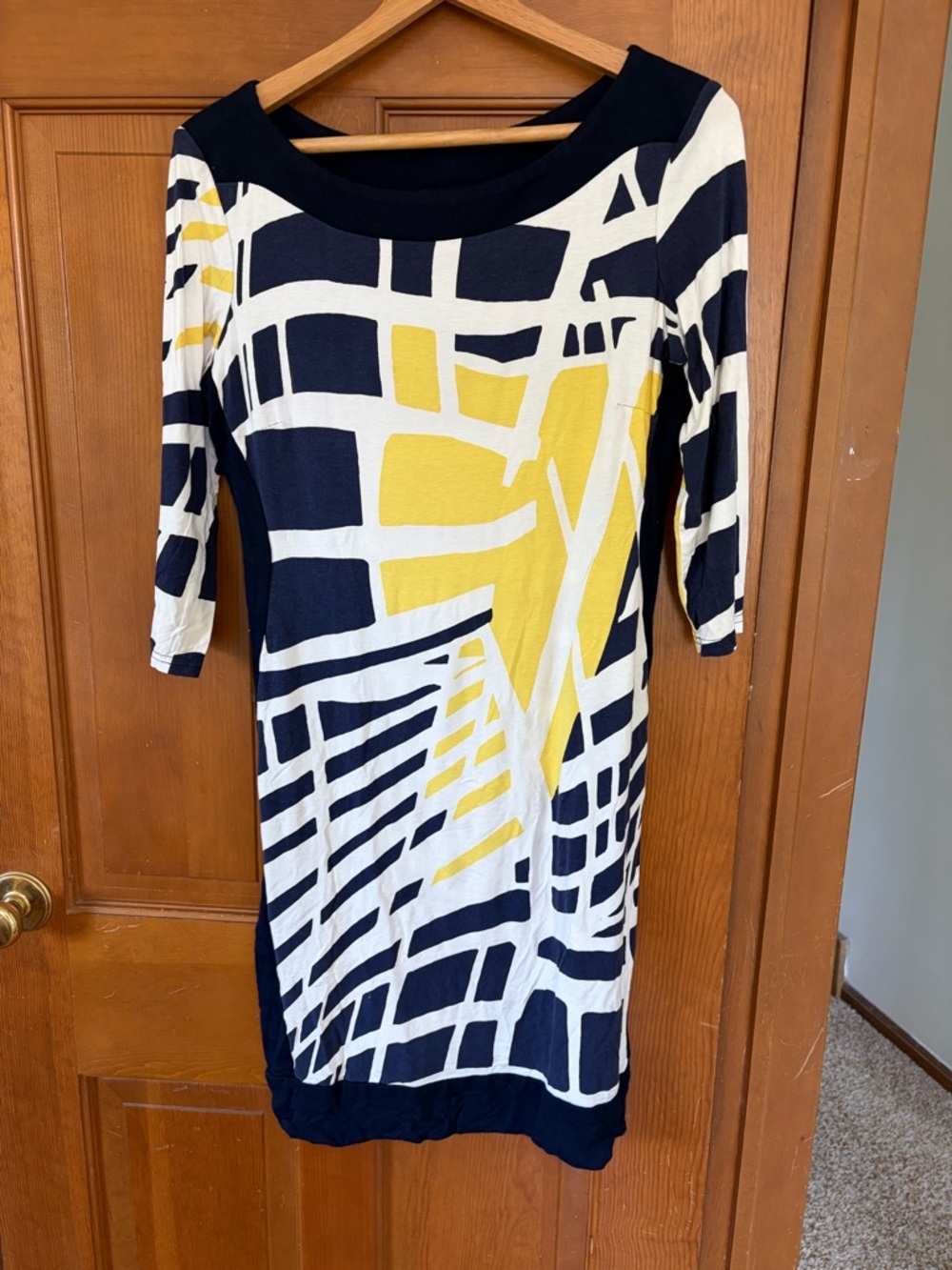 Abstract Geo Print Knit Dress in Navy, White & Yellow